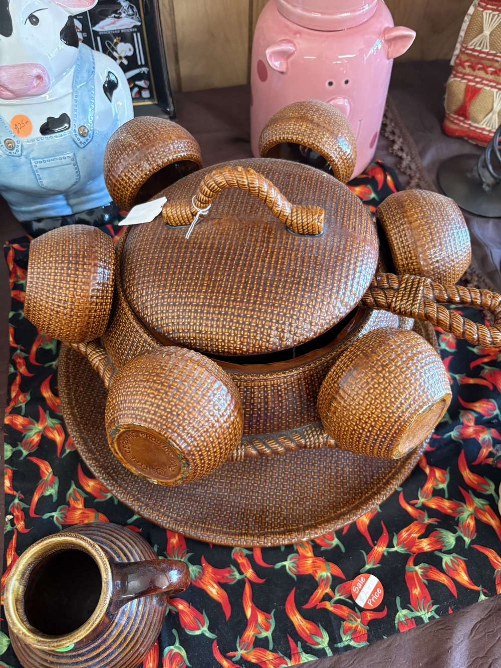 Woven Brown Ceramic Punch Bowl Set with Cups